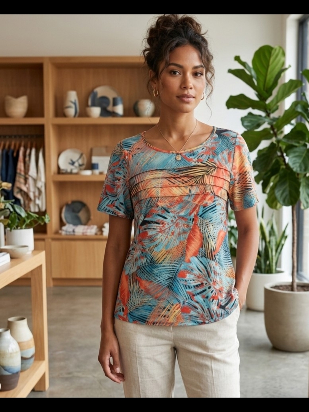 Vibrant Tropical Pintuck Blouse Summer Palm Leaf Short Sleeve Top Casual Large